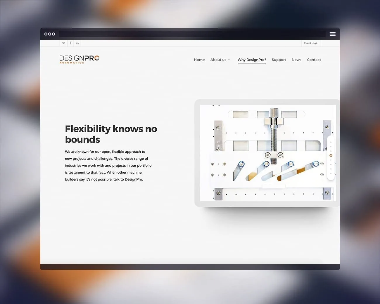 website design displaying client's flexible approach and industrial product.