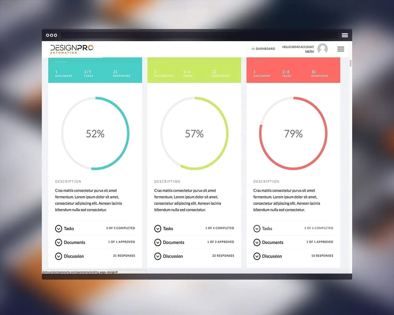 Project management dashboard UI with progress metrics for website design.