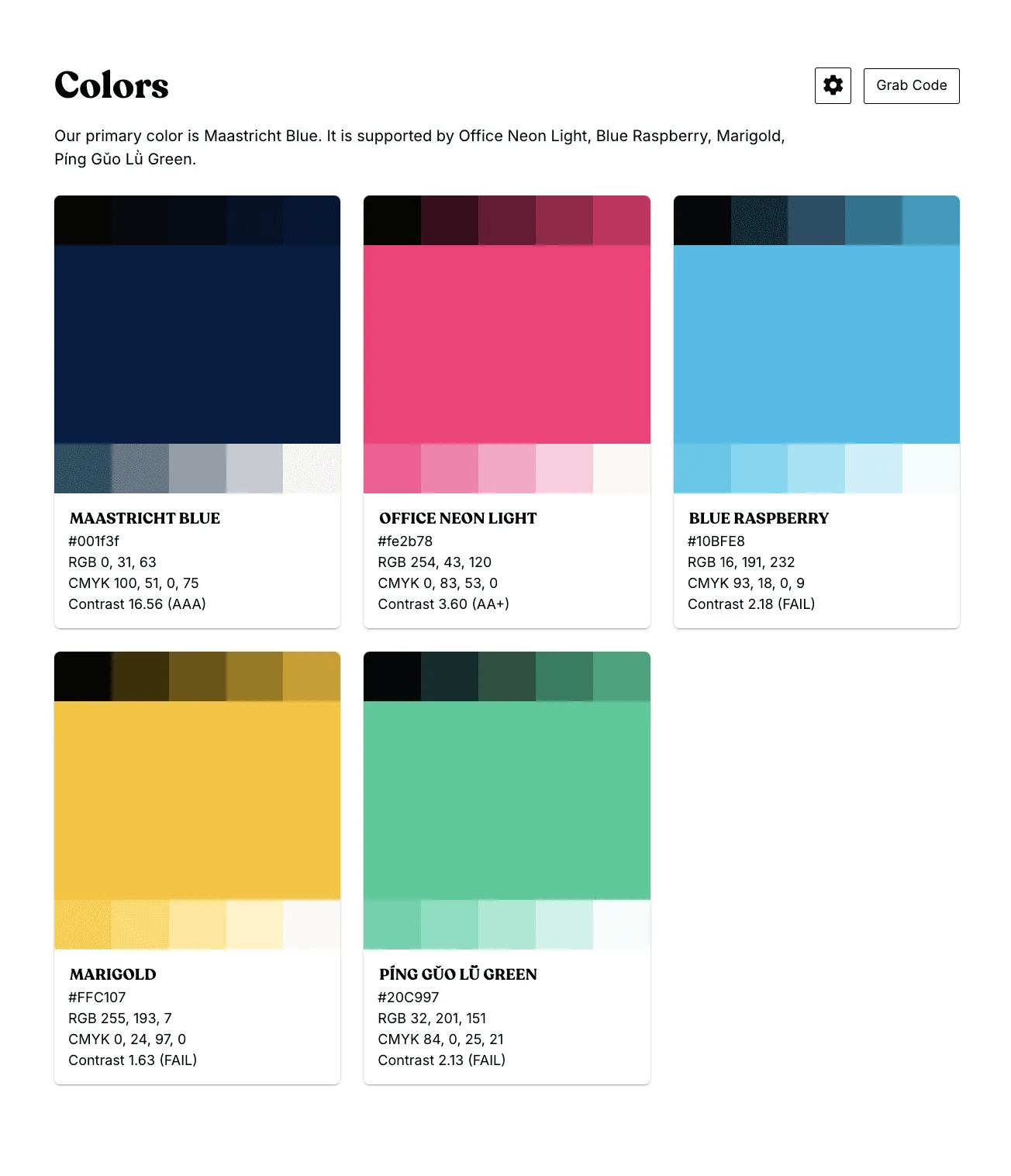Brand identity design color palette with specifications for five primary shades.