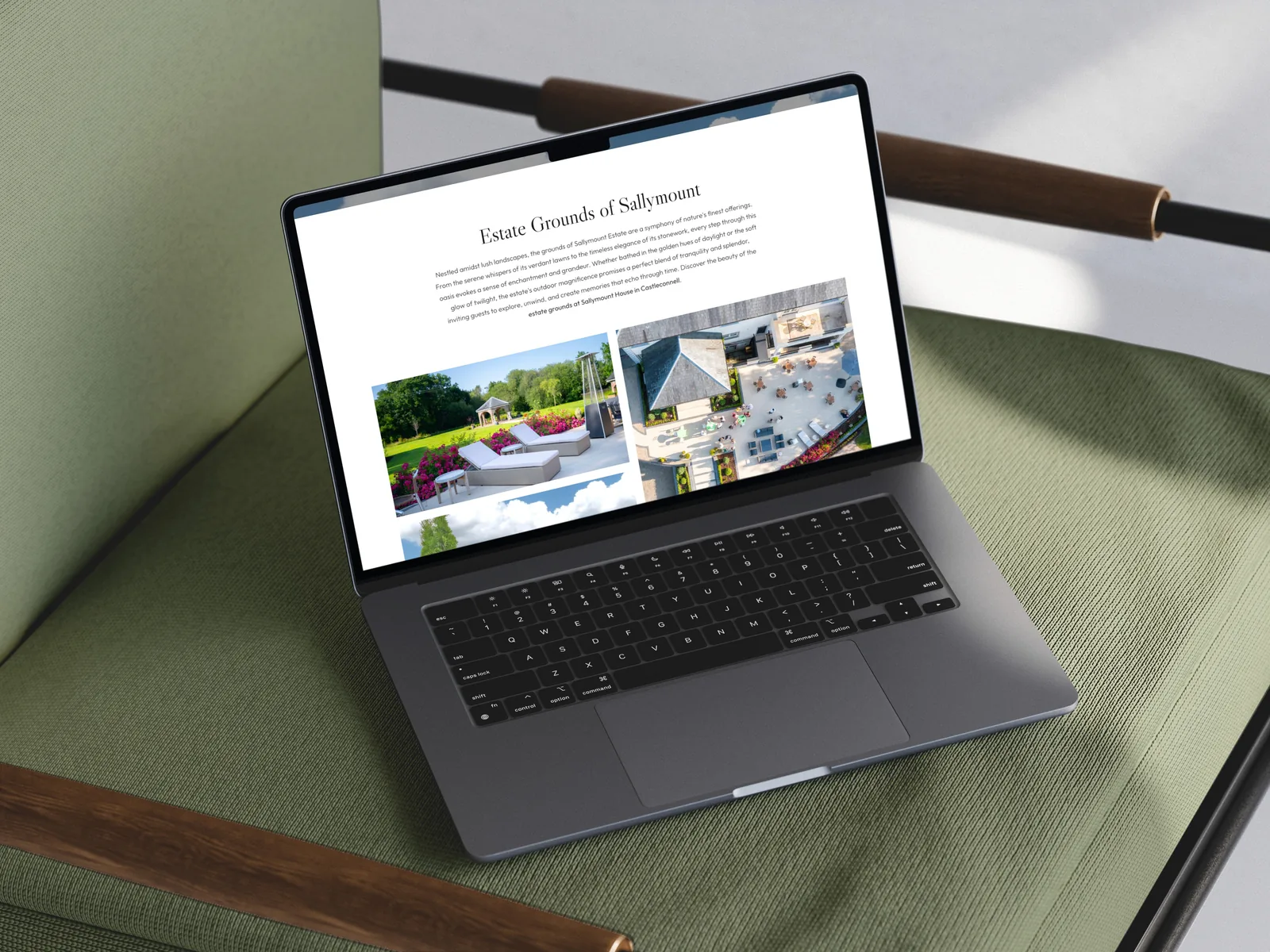 Laptop screen shows an elegant website layout for website design.