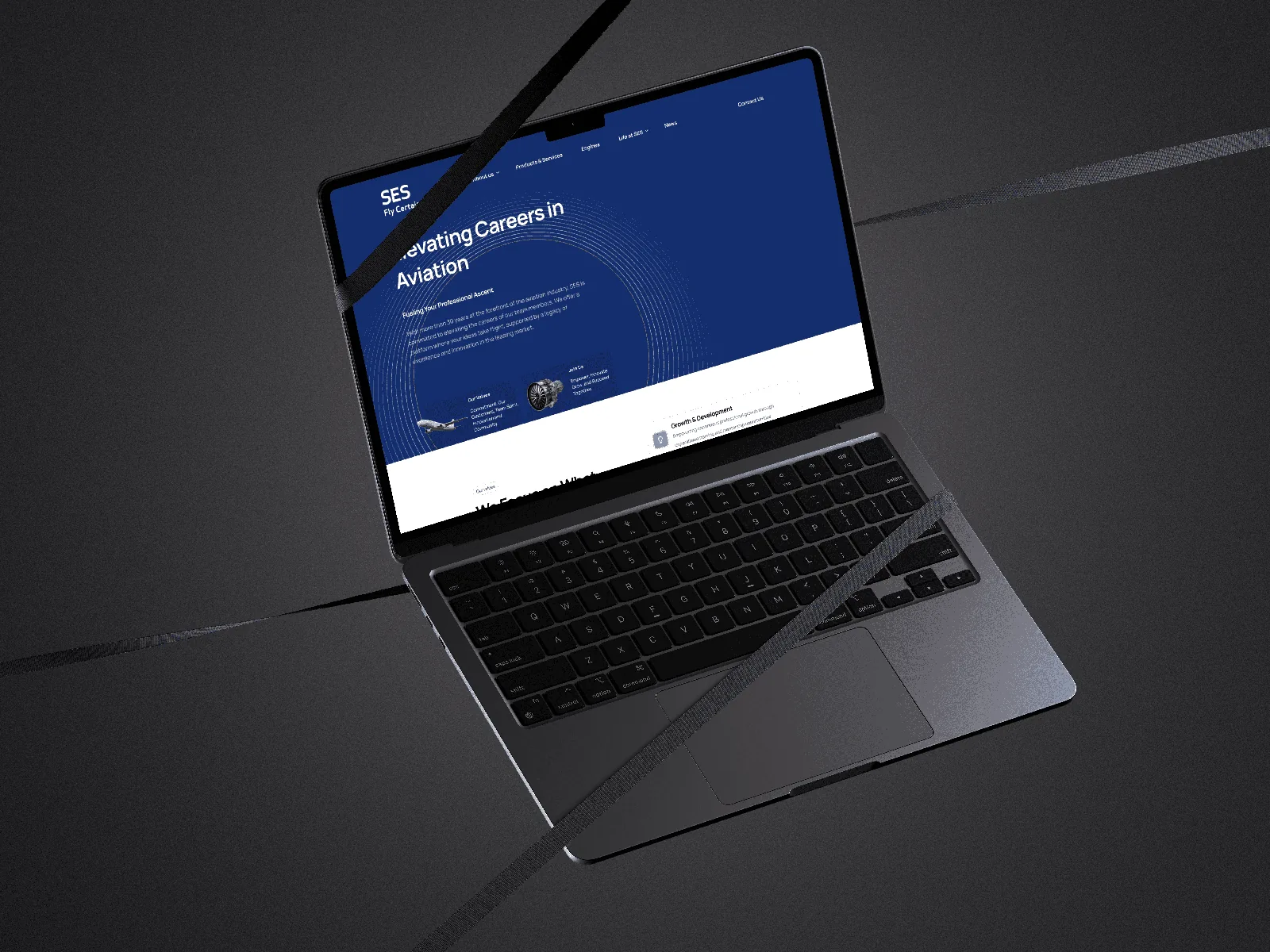 Laptop showing professional website design for aviation careers.