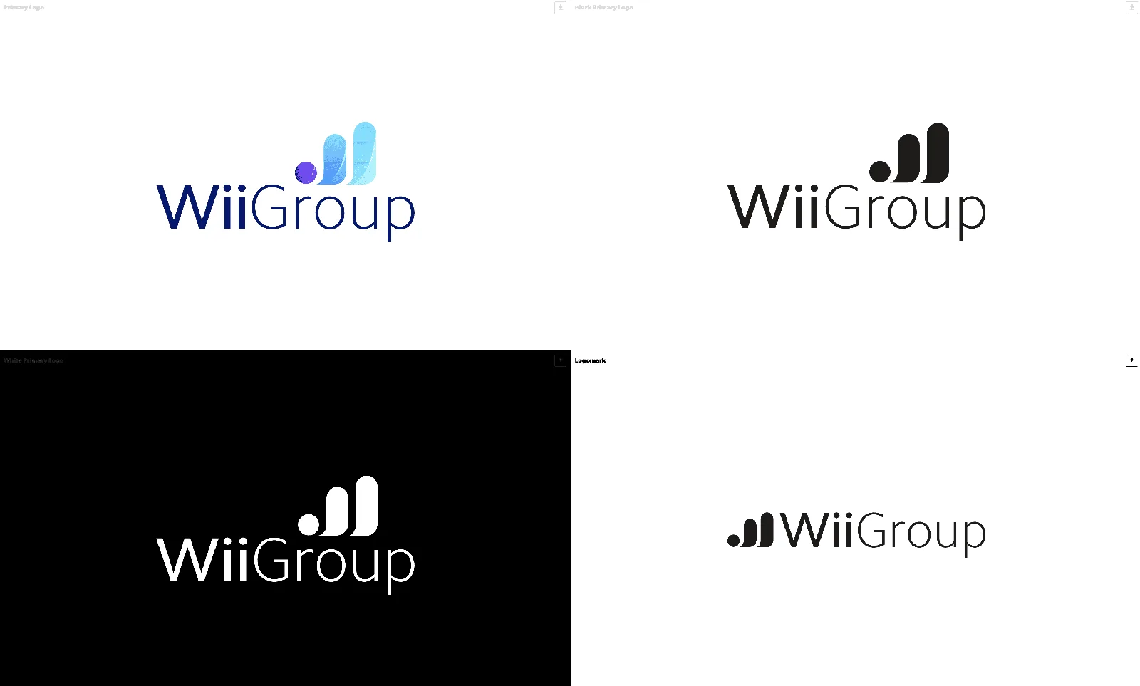 WiiGroup logo variations for brand identity design, including color and monochrome.