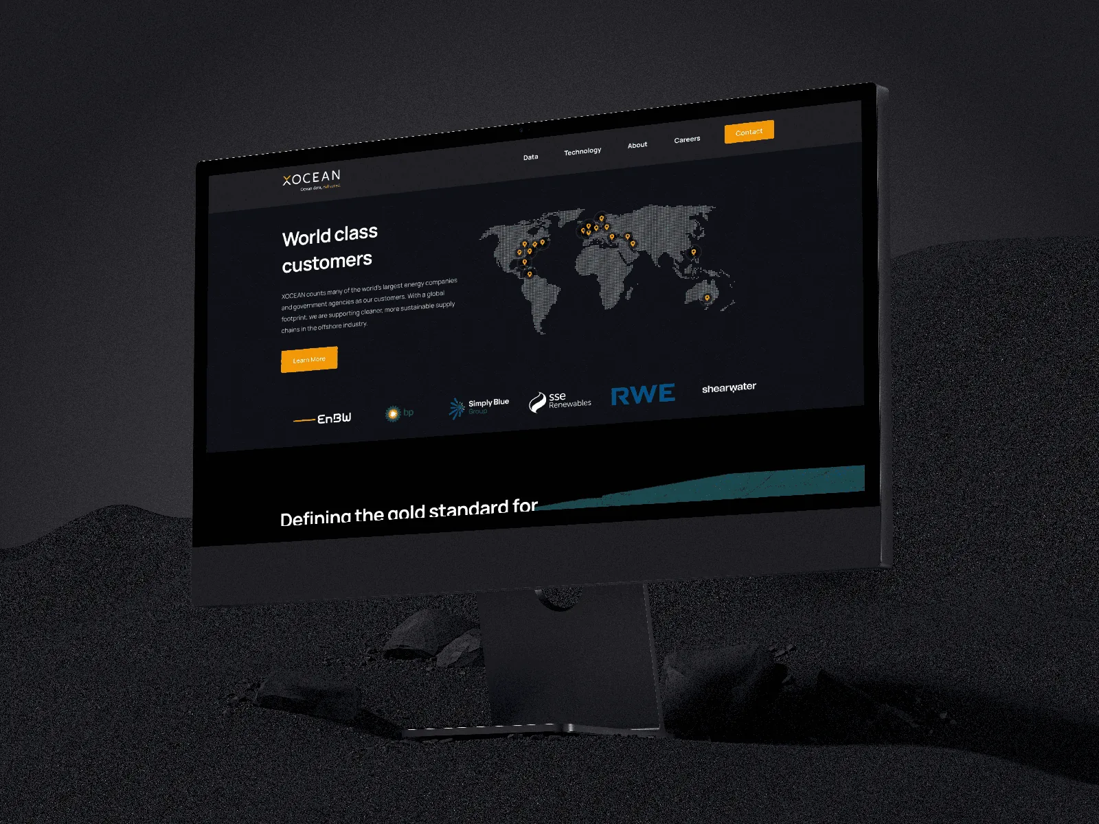 Professional website design with global customer map and client logos.