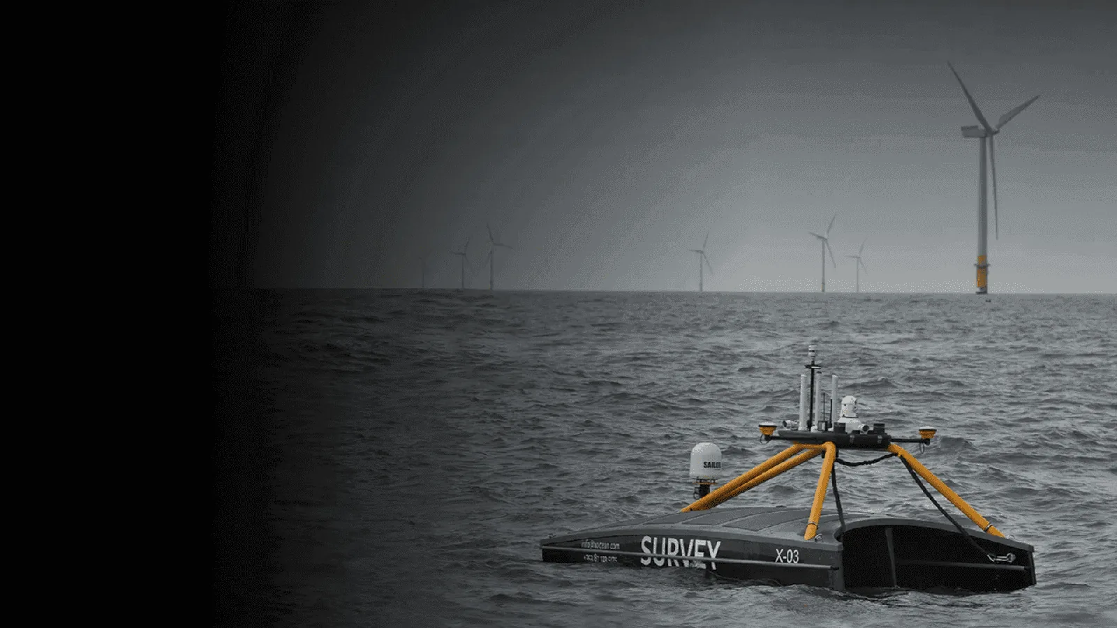 Autonomous marine survey vessel near offshore wind farm for website design.
